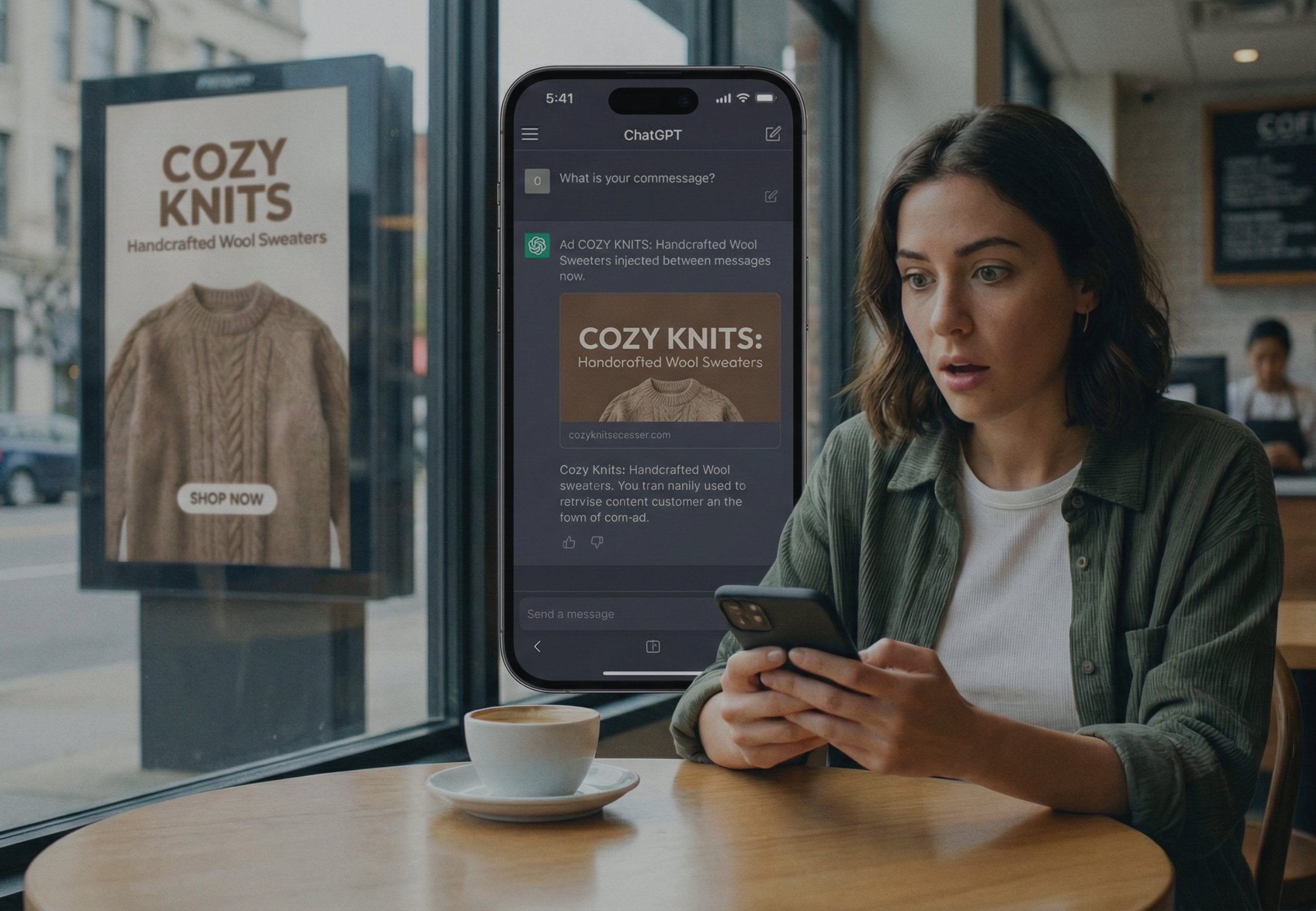 Frau sitzt im Café und sieht Ads bei ChatGPT