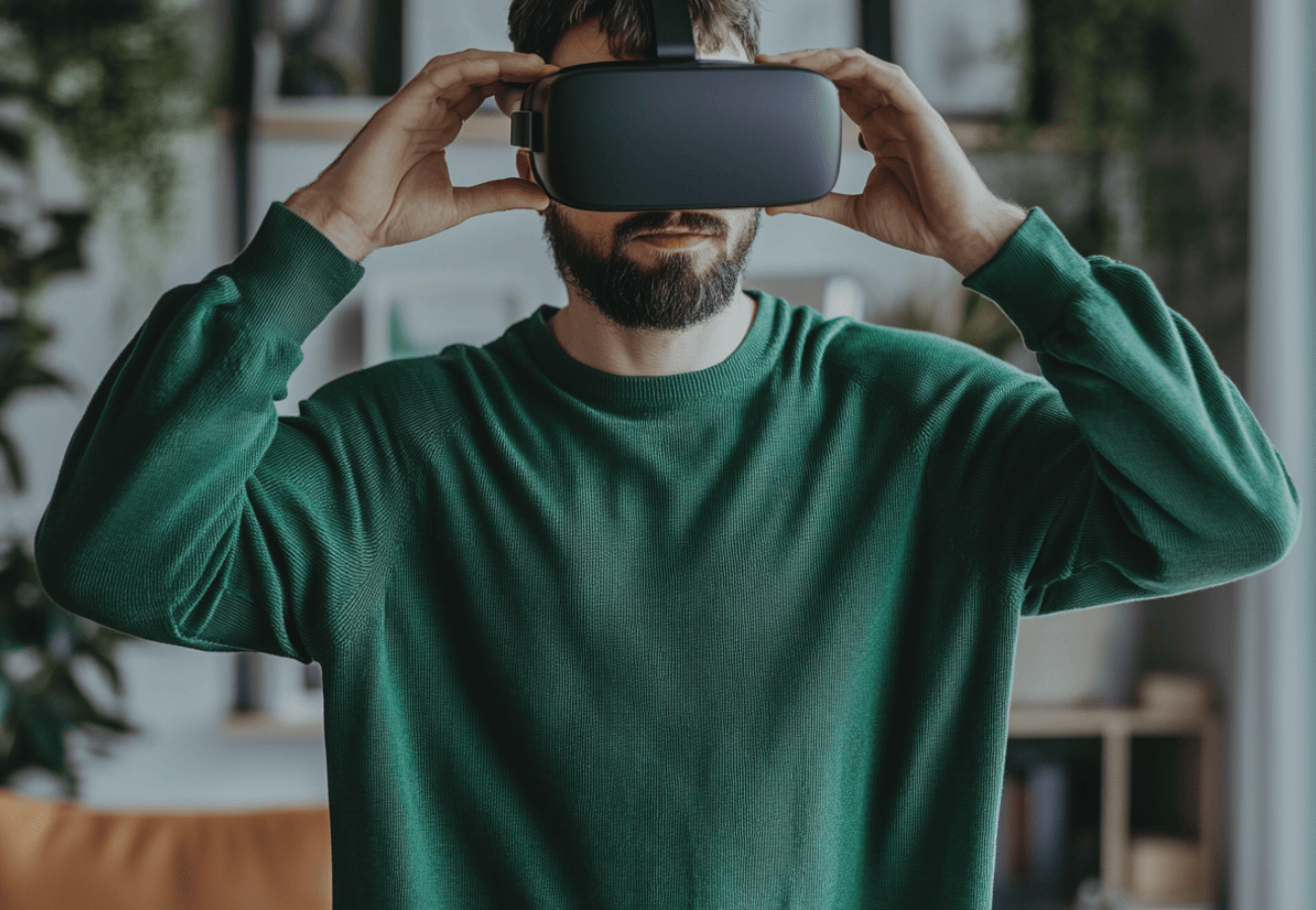 Mann mit grünem Pollover trägte eine VR Brille