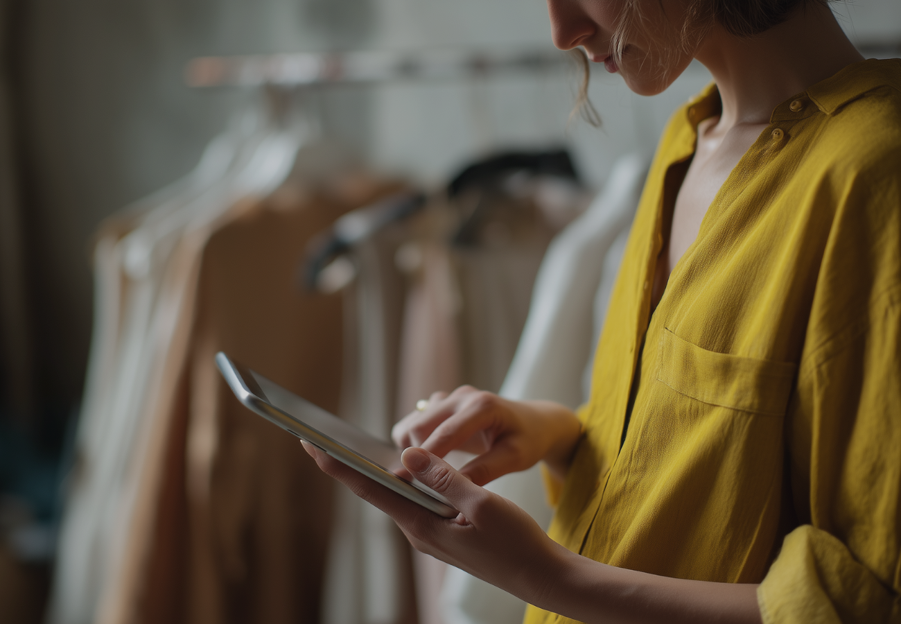 Frau mit gelber Bluse scrollt auf Tablet und sucht ein Produkt 